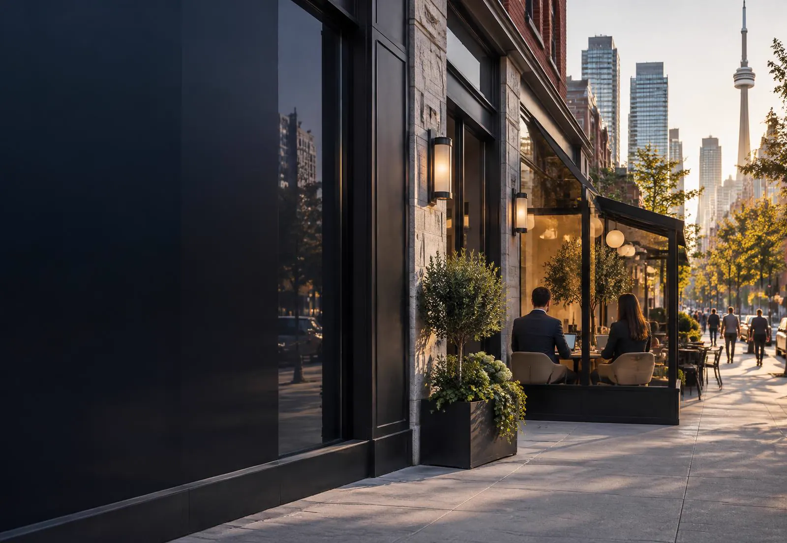 Modern Toronto retail streetscape with professionals meeting near a storefront
